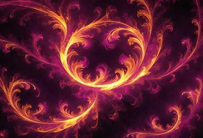 The primary subject of the image is a purple and orange floral pattern. The setting is a dark background, which contrasts with the vibrant colors of the floral pattern. The visual style appears to be a digital art or illustration, as the floral pattern is intricately detailed and the colors are rich and saturated. The dominant colors are purple and orange, creating a warm and inviting atmosphere.