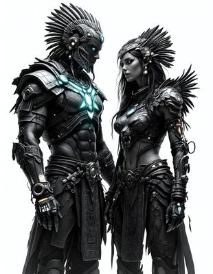 The primary subject of the image is a man and a woman, both dressed in black and wearing elaborate costumes. They are standing next to each other, possibly in a futuristic setting. The visual style of the image is digital art, as it appears to be a well-crafted illustration. The colors and mood of the image are dark and dramatic, with the black costumes and the overall atmosphere creating a sense of mystery and intrigue.