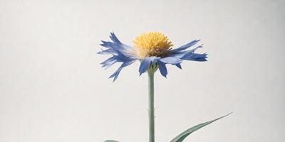 The primary subject of the image is a blue and yellow flower with a long stem. The flower is sitting on a white surface, which serves as the background. The visual style of the image is a close-up of the flower, showcasing its details. The dominant colors in the image are blue and yellow, creating a vibrant and lively atmosphere.