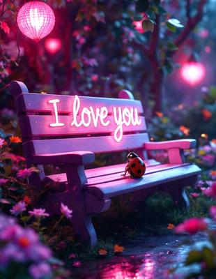 The primary subject of the image is a wooden bench with a purple seat. The bench is situated in a garden setting, surrounded by flowers and greenery. The visual style of the image is a digital art, with the bench and its surroundings being depicted in a vibrant and colorful manner. The colors and mood of the image are lively and cheerful, with the purple bench and the flowers creating a sense of warmth and happiness.