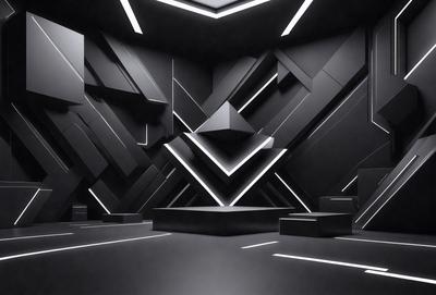 The primary subject of the image is a black and white photo of a room with a geometric pattern on the walls. The setting is a black room with a black and white pattern on the walls. The visual style is a black and white photo, which gives the image a classic and timeless appearance. The dominant colors are black and white, creating a stark and minimalist atmosphere.