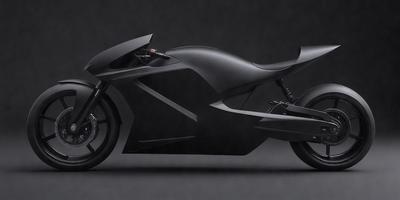 The primary subject of the image is a futuristic motorcycle, which is black in color. The motorcycle is parked on a gray surface, which serves as the setting or background of the scene. The visual style of the image is digital art, as it appears to be a computer-generated or digitally rendered image. The dominant colors in the image are black and gray, creating a sleek and modern appearance for the motorcycle.
