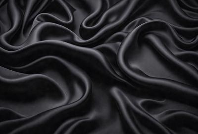 The primary subject of the image is a close-up of a black fabric, possibly a piece of clothing or a curtain. The setting is a dark background, which emphasizes the fabric's texture and pattern. The visual style is a black and white photo, which adds a classic and timeless feel to the image. The colors and mood are predominantly dark and moody, with the black fabric serving as the focal point of the scene.