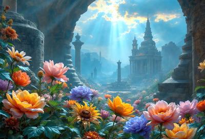 Primary subject: A beautiful garden with a variety of flowers, including sunflowers and daisies.

Setting/background: The garden is situated in front of a majestic castle, creating a picturesque and serene atmosphere.

Visual style: The image is a digital artwork, showcasing the artist's creativity and attention to detail.

Colors and mood: The garden is filled with vibrant colors, such as yellow, pink, and purple, which evoke a sense of