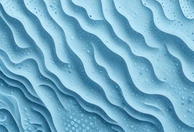 The primary subject of the image is a blue, textured surface with a pattern of waves. The setting is a blue background, and the visual style appears to be a combination of a photo and digital art. The dominant colors are blue and white, creating a calm and serene atmosphere.