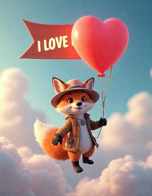 The primary subject of the image is a cartoon fox character wearing a hat and holding a balloon. The setting is a cloudy sky, and the visual style is a digital art or illustration. The colors are predominantly shades of pink and white, giving the image a warm and cheerful atmosphere.