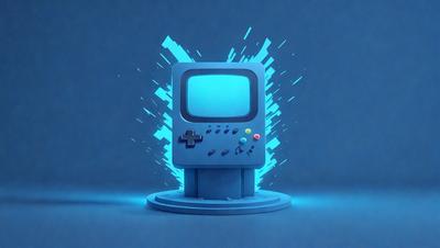 The primary subject of the image is a blue TV with a video game controller on top of it. The TV is placed on a blue stand, and the scene appears to be a digital art or illustration. The visual style gives the impression of a futuristic or modern setting. The dominant colors in the image are blue and white, creating a clean and sleek atmosphere.
