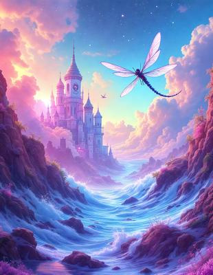 Primary subject: A dragonfly flying over a castle.

Setting/background: The scene takes place in a fantasy world, with a castle and a clock tower visible in the background.

Visual style: The image is a digital art illustration.

Colors and mood: The colors are predominantly purple and blue, creating a serene and magical atmosphere.