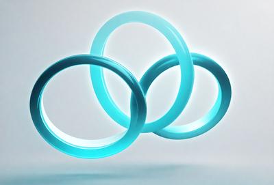 The primary subject of the image is a set of three blue rings, which are floating in the air. The setting is a white background, which provides a clean and minimalistic environment for the rings. The visual style of the image is a digital art, as the rings are depicted in a stylized manner. The dominant colors in the image are blue, which gives the scene a calm and serene atmosphere.