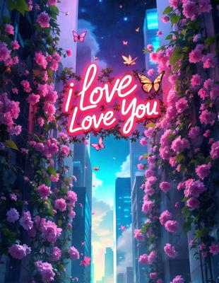 The primary subject of the image is a large sign that reads "I Love You." The sign is displayed in a pink and purple color scheme, giving it a warm and affectionate appearance. The setting is a city street with a building in the background. The visual style of the image is a combination of digital art and illustration, creating a vibrant and eye-catching display. The colors and mood of the image are predominantly pink and purple, evoking feelings of love and affection.
