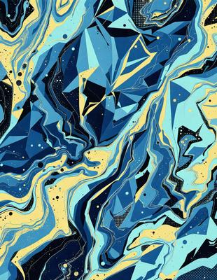 The primary subject of the image is a blue and yellow geometric pattern. The setting is a blue and yellow background, which creates a vibrant and lively atmosphere. The visual style is a combination of digital art and illustration, giving the image a unique and creative appearance. The dominant colors are blue and yellow, which evoke a sense of energy and movement.