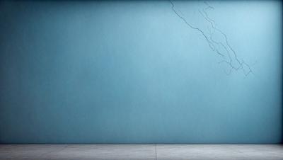 The primary subject of the image is a blue wall with a crack in it. The setting is a room with a concrete floor. The visual style is a photo, and the dominant colors are blue and white. The overall atmosphere is somewhat solemn or damaged, as the crack in the wall suggests a potential issue or damage to the structure.