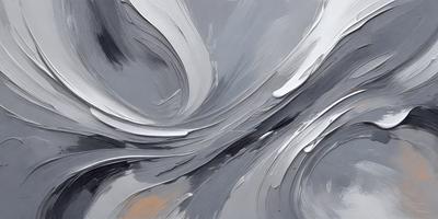 The primary subject of the image is a painting of a wave, featuring a gray and white color scheme. The setting is a canvas, and the visual style is a painting. The dominant colors and overall atmosphere are calm and serene, as the wave appears to be gently rolling.