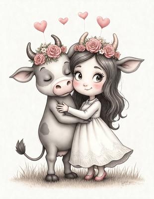 The primary subject of the image is a girl and a cow, both wearing flowers in their hair. The girl is hugging the cow, and they are both standing in a grassy field. The setting appears to be a pastoral or rural environment. The visual style of the image is a hand-drawn illustration, giving it a charming and whimsical appearance. The colors and mood of the image are predominantly warm and inviting, with the flowers adding a touch of natural beauty to the scene.