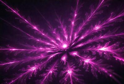 The primary subject of the image is a purple, pink, and white flower. The setting is a dark background, which contrasts with the vibrant colors of the flower. The visual style appears to be a combination of a photo and digital art, creating a unique and eye-catching image. The dominant colors and overall atmosphere of the image are purple, pink, and white, giving it a dreamy and ethereal quality.