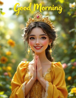The primary subject of the image is a young woman wearing a yellow dress and a crown. She is smiling and has her hands clasped together in a prayer-like gesture. The setting is a garden, with flowers surrounding her. The visual style is a digital art illustration, creating a vibrant and lively atmosphere. The colors are predominantly yellow and pink, giving the image a warm and cheerful mood.