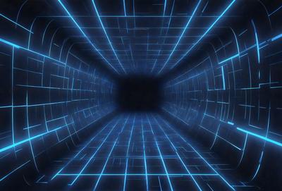 The primary subject of the image is a tunnel-like structure with a blue, geometric pattern on the walls. The setting is a dark, enclosed space, and the visual style appears to be a digital art or illustration. The dominant colors are blue and black, creating a moody and futuristic atmosphere.
