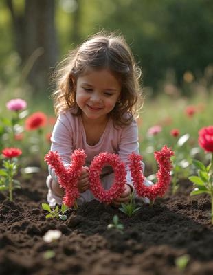The primary subject of the image is a young girl sitting in a garden, surrounded by flowers. She is smiling and appears to be enjoying her time in the garden. The setting is a garden with various flowers, creating a pleasant and colorful environment. The visual style of the image is a photo, capturing the girl's interaction with the flowers. The colors and mood of the image are vibrant and cheerful, reflecting the joyful atmosphere of the garden.