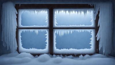 The primary subject of the image is a window with icicles hanging from it. The setting is a winter scene, with the window being the main focus. The visual style is a digital art illustration, creating a unique and captivating atmosphere. The colors are predominantly blue, with the icicles adding a touch of white. The overall mood is cold and icy, reflecting the winter season.