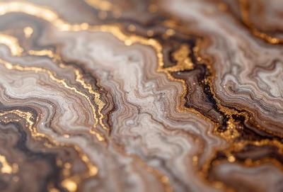 The primary subject of the image is a close-up of a marble-like surface with gold and brown colors. The setting is a wooden table, and the visual style appears to be a photo. The colors and mood of the image are warm and natural, with the gold and brown tones creating a sense of luxury and elegance.