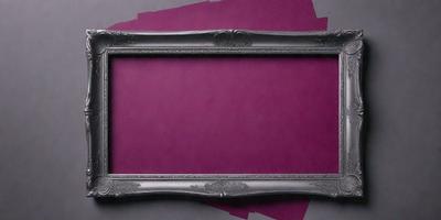 The primary subject of the image is a large, ornate picture frame. The setting is a purple background, which complements the frame's design. The visual style is a combination of photo and digital art, creating a unique and eye-catching image. The colors and mood are predominantly purple, giving the scene a sophisticated and elegant atmosphere.