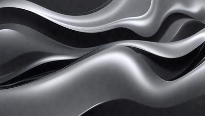 The primary subject of the image is a pair of silver, curved sculptures. The setting is a dark background, which contrasts with the shiny, metallic appearance of the sculptures. The visual style is a combination of photo and digital art, as the sculptures are captured in a close-up shot. The colors and mood of the image are predominantly silver and black, creating a sleek and modern atmosphere.