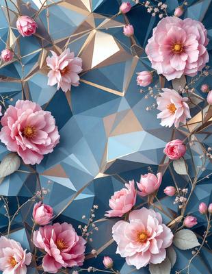 Primary subject: Pink flowers
Setting/background: Blue wall
Visual style: Digital art
Colors and mood: Pink, soft, and delicate