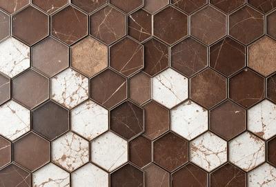 The primary subject of the image is a brown and white tile pattern. The setting is a wall with a brown and white tile pattern. The visual style is a close-up of the tile pattern. The colors and mood of the image are warm and earthy, with a focus on the brown and white color scheme.