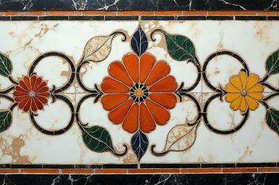 The primary subject of the image is a beautifully designed tile with a flower pattern. The setting is a marble surface, and the visual style is a combination of photo and digital art. The dominant colors are orange and green, creating a warm and vibrant atmosphere.