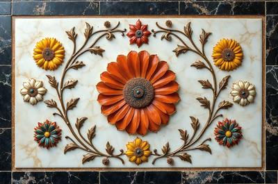 The primary subject of the image is a decorative tile featuring a flower design. The tile is set on a marble surface, which adds to the overall visual style. The colors and mood of the image are predominantly warm and vibrant, with the flower design and marble surface creating a sense of elegance and sophistication.