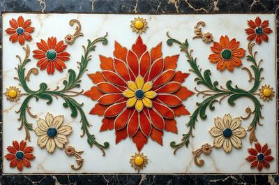 The primary subject of the image is a beautifully designed tile with a flower pattern. The tile features a large flower in the center, surrounded by smaller flowers. The setting is a marble table, which serves as the background for the tile. The visual style of the image is a combination of digital art and illustration, creating a vibrant and colorful display. The dominant colors in the image are orange, yellow, and green, giving the scene a warm and lively atmosphere.