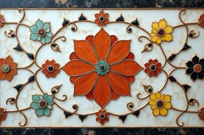 The primary subject of the image is a decorative tile featuring a flower design. The tile is set against a black background, giving it a striking contrast. The visual style of the image is a combination of photo and digital art, as it appears to be a close-up of the tile, yet the flower design is intricately detailed. The dominant colors in the image are orange and green, which are the colors of the flower design. The overall atmosphere of the image is vibrant and eye-catching, with the flower design serving