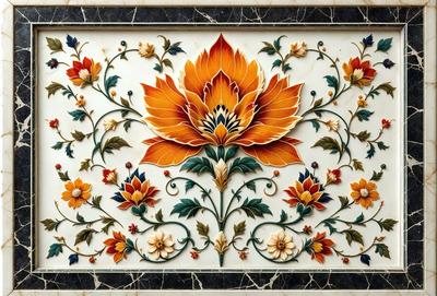 The primary subject of the image is a beautifully designed flower, which is the main focus of the image. The flower is surrounded by a pattern of leaves, creating a visually appealing and intricate design. The setting of the image is a marble surface, which adds to the elegance and sophistication of the overall composition. The visual style of the image is a combination of digital art and illustration, showcasing the artist's skill in creating a realistic and detailed representation of the flower and its surrounding elements.
