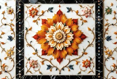 The primary subject of the image is a beautifully designed tile with a sunflower pattern. The tile features a yellow sunflower in the center, surrounded by orange and green accents. The setting is a black marble countertop, which serves as the background for the tile. The visual style of the image is a combination of digital art and illustration, creating a vibrant and eye-catching design. The colors and mood of the image are warm and inviting, with the sunflower symbolizing happiness and posit