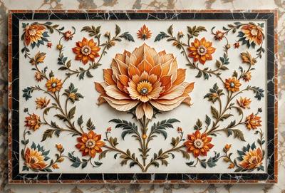 The primary subject of the image is a beautifully designed tile with a flower pattern. The tile features a large flower in the center, surrounded by smaller flowers. The setting is a marble surface, which adds to the elegance of the design. The visual style is a combination of digital art and illustration, creating a vibrant and intricate pattern. The colors and mood of the image are predominantly warm and inviting, with the flower pattern evoking a sense of natural beauty and harmony.