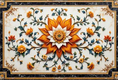 The primary subject of the image is a beautifully designed flower, which is the main focus of the image. The flower is surrounded by a patterned background, which adds to the visual style of the image. The colors in the image are predominantly yellow and orange, creating a warm and vibrant atmosphere. The overall mood of the image is one of beauty and artistry.
