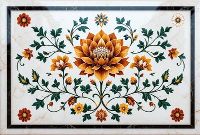 The primary subject of the image is a beautifully designed flower, which is the main focus of the image. The flower is surrounded by a marble-like surface, giving the scene a sophisticated and elegant appearance. The visual style of the image is a combination of digital art and illustration, creating a vibrant and detailed representation of the flower. The colors in the image are predominantly orange and yellow, which contribute to a warm and inviting atmosphere.