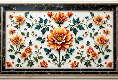 The primary subject of the image is a beautifully designed tile with a flower pattern. The setting is a marble surface, and the visual style is a combination of digital art and illustration. The colors and mood of the image are vibrant and lively, with the flower pattern adding a touch of natural beauty to the overall atmosphere.