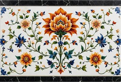 The primary subject of the image is a beautifully designed floral pattern, featuring a variety of flowers and leaves. The setting is a black and white background, which adds a classic and elegant touch to the design. The visual style is a combination of digital art and illustration, creating a unique and intricate pattern. The colors and mood of the image are predominantly black and white, with a touch of orange and blue, giving it a timeless and sophisticated appearance.
