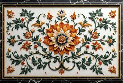 The primary subject of the image is a beautifully designed and intricately crafted floral pattern. The setting is a marble surface, which adds to the elegance and sophistication of the design. The visual style is a combination of digital art and illustration, creating a vibrant and detailed pattern. The colors and mood of the image are predominantly warm and inviting, with the floral pattern serving as a focal point and a source of visual interest.