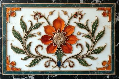 The primary subject of the image is a decorative tile featuring a flower design. The tile is set against a green background, which adds a vibrant touch to the overall visual style. The colors and mood of the image are predominantly warm and inviting, with the flower design serving as a focal point and a source of visual interest.