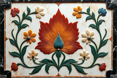 The primary subject of the image is a decorative tile featuring a flower design. The tile is set against a marble background, giving it a sophisticated and elegant appearance. The visual style of the image is a combination of photo and digital art, as it showcases the intricate details of the flower design. The colors and mood of the image are predominantly warm and inviting, with the flower design adding a touch of natural beauty to the overall atmosphere.