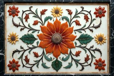 The primary subject of the image is a beautifully designed flower, which is the main focus of the image. The flower is surrounded by a pattern of leaves, creating a visually appealing and intricate design. The setting is a white surface, which provides a clean and elegant backdrop for the flower and leaves. The visual style of the image is a combination of digital art and illustration, showcasing the artist's skill in creating a realistic and detailed representation of the flower. The colors and mood of the image are pre