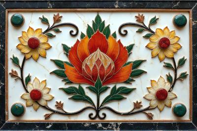 The primary subject of the image is a beautifully designed tile featuring a flower pattern. The tile is set against a black background, which contrasts with the vibrant colors of the flower design. The visual style of the image is a combination of digital art and illustration, creating a unique and eye-catching pattern. The colors and mood of the image are lively and cheerful, with the flower design serving as a focal point and a source of visual interest.