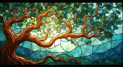 The primary subject of the image is a tree with a long, curved trunk. The tree is surrounded by a beautiful, colorful stained glass background, which adds a sense of depth and artistic quality to the scene. The visual style of the image is a combination of photo and digital art, creating a unique and captivating representation of the tree. The colors and mood of the image are vibrant and lively, with the tree's long trunk and the stained glass background creating a sense of movement and