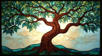 The primary subject of the image is a large tree with a thick trunk, surrounded by a lush green forest. The tree is depicted in a stained glass style, giving it a vibrant and artistic appearance. The setting is a beautiful, natural environment with a serene atmosphere. The visual style is a combination of digital art and traditional stained glass, creating a unique and captivating scene. The colors and mood of the image are predominantly green, representing the lush forest, and the overall atmosphere is