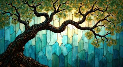 The primary subject of the image is a tree with a large trunk, surrounded by a beautiful blue and green landscape. The tree is situated in front of a large window, which adds a sense of depth and perspective to the scene. The visual style of the image is a combination of digital art and illustration, creating a vibrant and lively atmosphere. The colors and mood of the image are predominantly blue and green, with a touch of yellow, giving the scene a serene and calming feel.