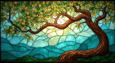The primary subject of the image is a tree with a branch that has leaves on it. The tree is located in a field with a blue sky in the background. The visual style of the image is a combination of photo and digital art, creating a unique and artistic representation of the tree and its surroundings. The colors and mood of the image are predominantly blue, creating a serene and peaceful atmosphere.