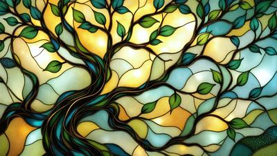 The primary subject of the image is a tree with a golden yellow trunk and green leaves. The tree is surrounded by a blue and yellow background, giving the scene a vibrant and lively atmosphere. The visual style of the image is a combination of digital art and illustration, creating a unique and eye-catching design. The colors and mood of the image are warm and inviting, with the golden yellow trunk and green leaves adding a touch of natural beauty to the overall composition.