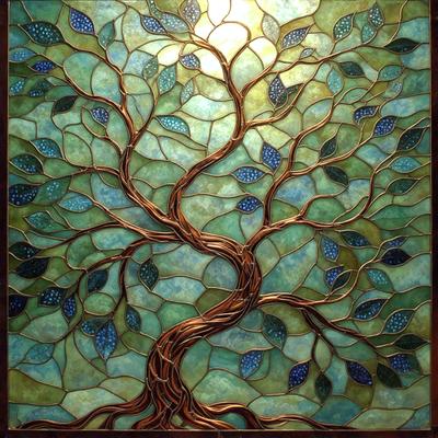 The primary subject of the image is a tree with a large trunk and a branch that has leaves on it. The tree is surrounded by a blue and green background, which gives the scene a vibrant and lively atmosphere. The visual style of the image is a combination of digital art and illustration, creating a unique and artistic representation of the tree. The colors and mood of the image are predominantly blue and green, which are associated with tranquility and nature.